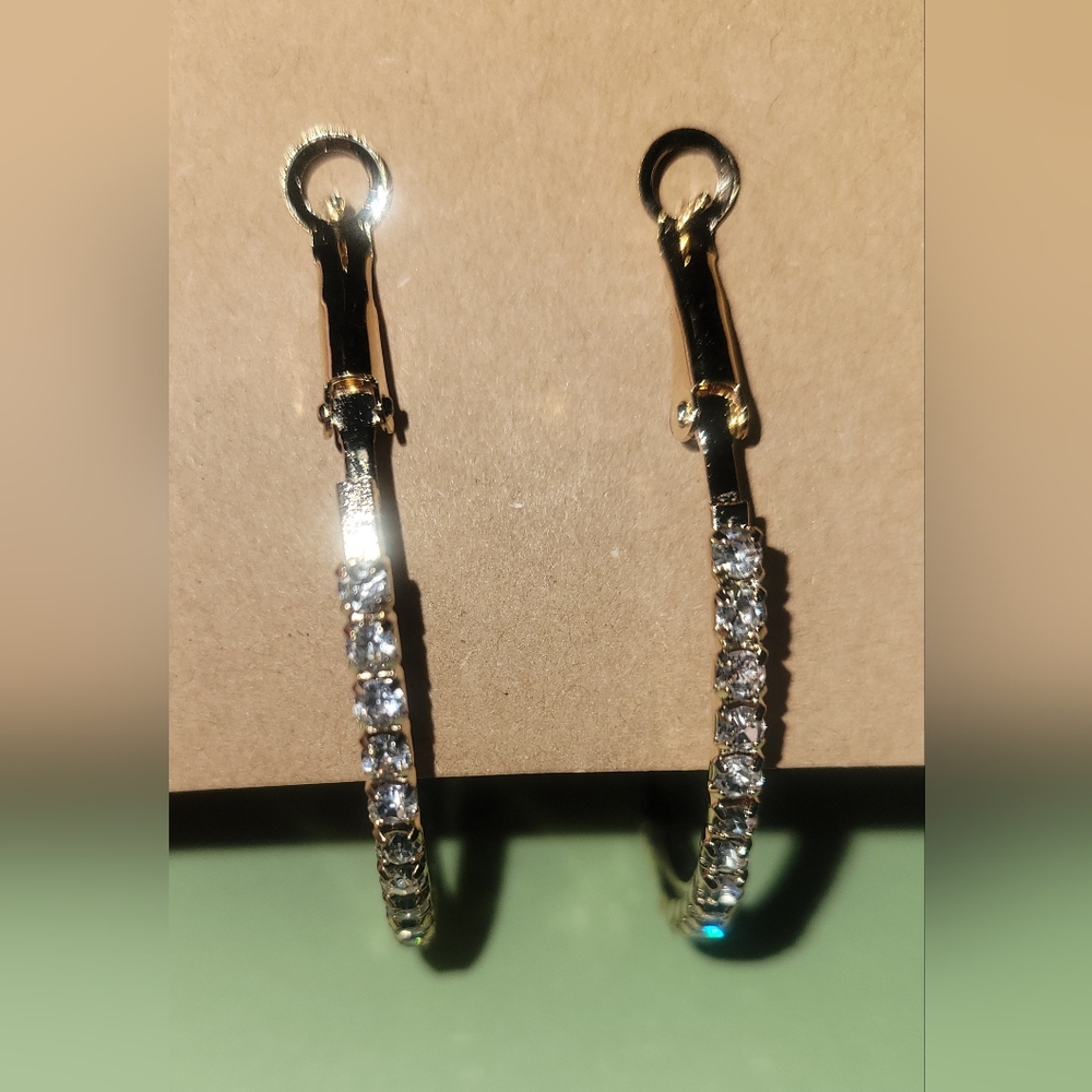 Gold Tone Hoop Earrings with Clear Cubic Zirconia Accents